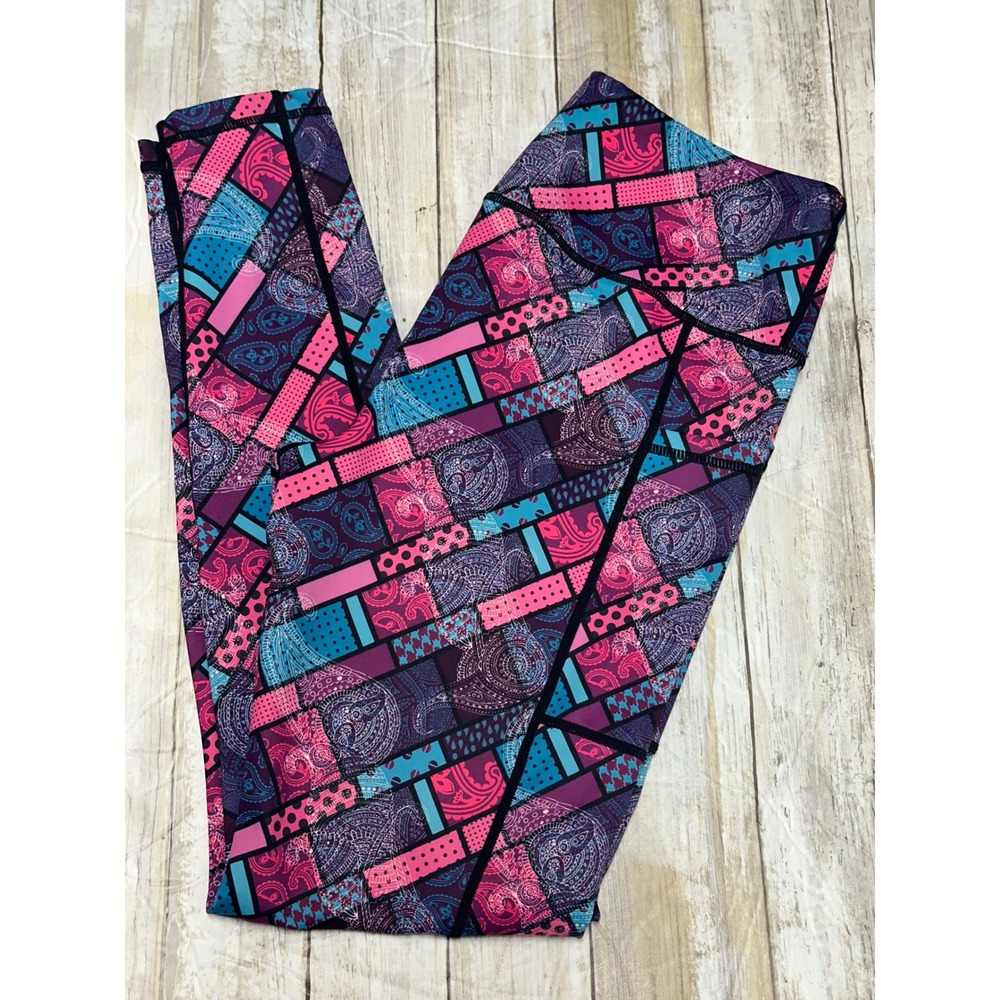 Constantly Varied Gear CVG Paisley purple‎ Pink patchwork Leggings Medium EUC